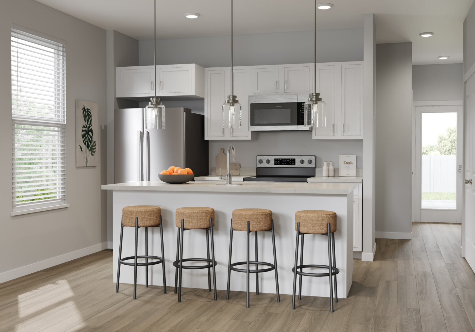 rendering of a kitchen with an island stainless steel appliances and white cabinets
