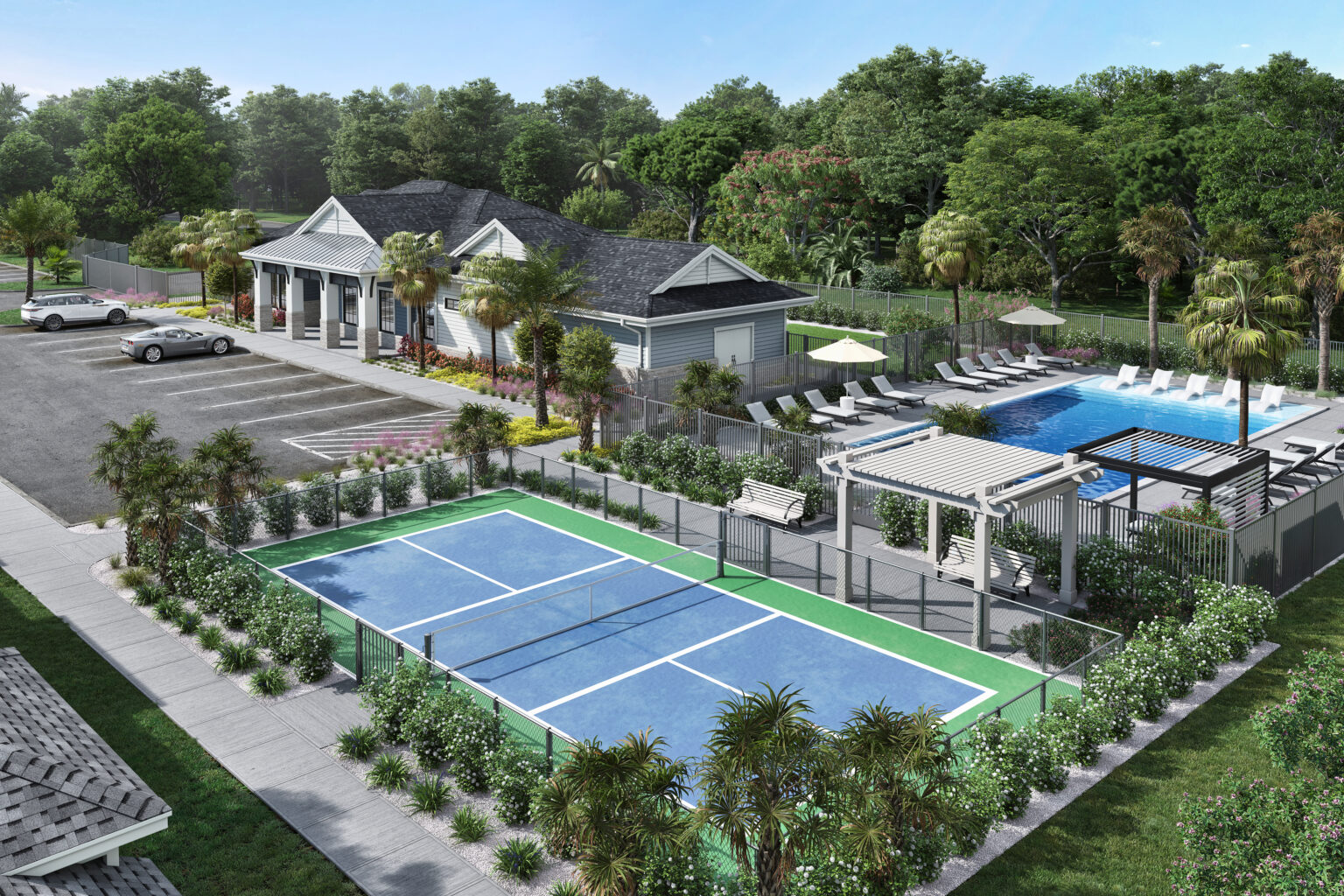 rendering of a pickleball court and clubhouse